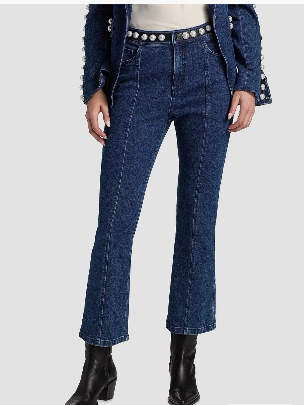 Cinq A Sept shannon High-Rise Dark Blue Flared Jeans Pearl Embellished Waist NEW
